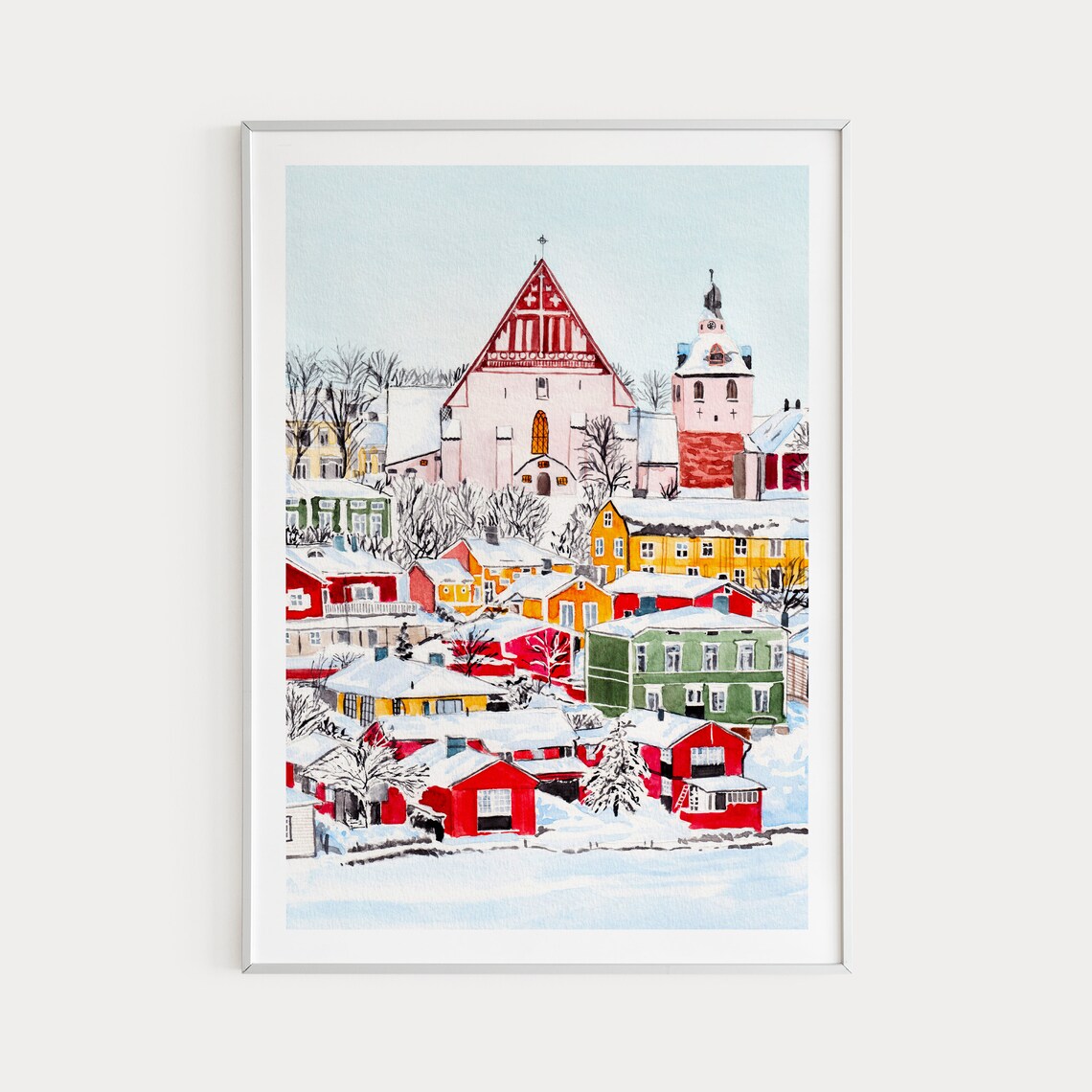 Snowy Porvoo Old Town With Red Cathedral Finland Winter Poster