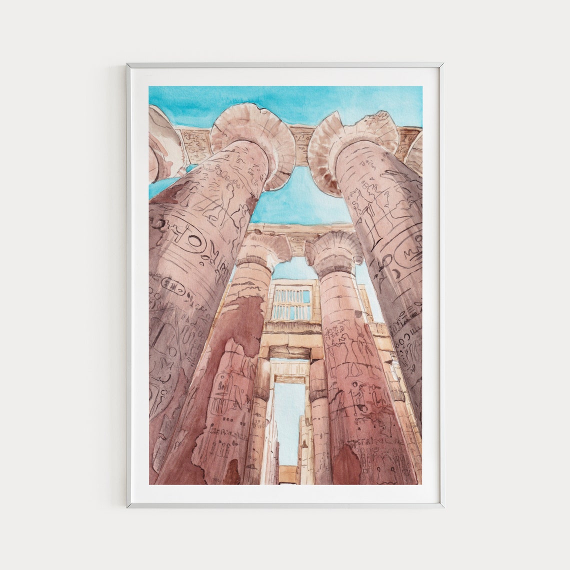 Karnak Temple Hieroglyph Columns Egypt Watercolor Travel Poster
