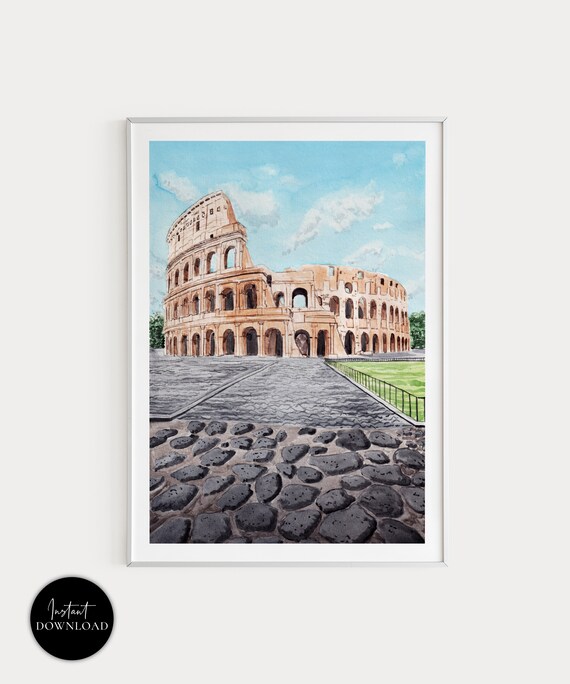 Colosseum Watercolor Travel Poster, Rome Italy