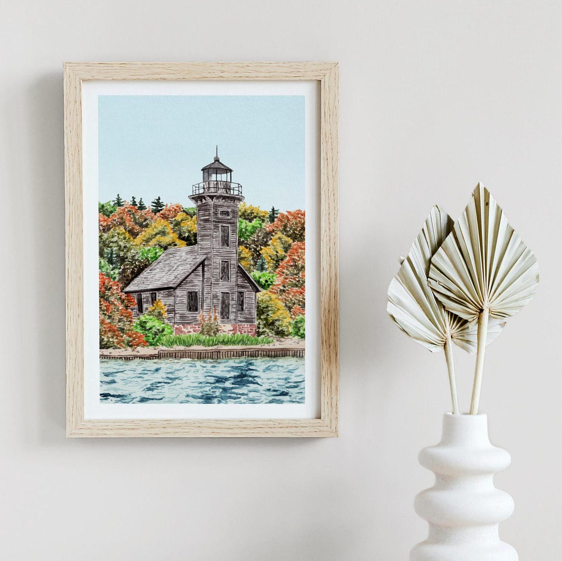 Michigan Lighthouse Autumn Trees Watercolor Great Lakes Poster - Image 3