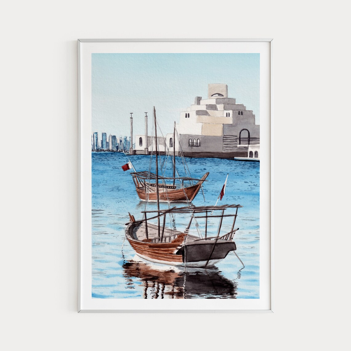 Doha Islamic Museum Watercolor Travel Poster, Qatar