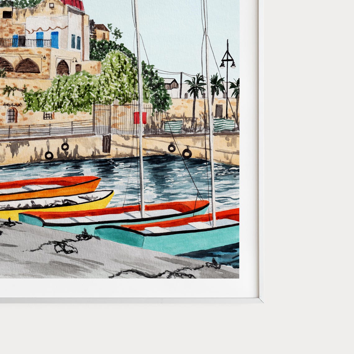 Tel Aviv Old Jaffa Port Watercolor Lighthouse Boats Scene Poster - Image 2