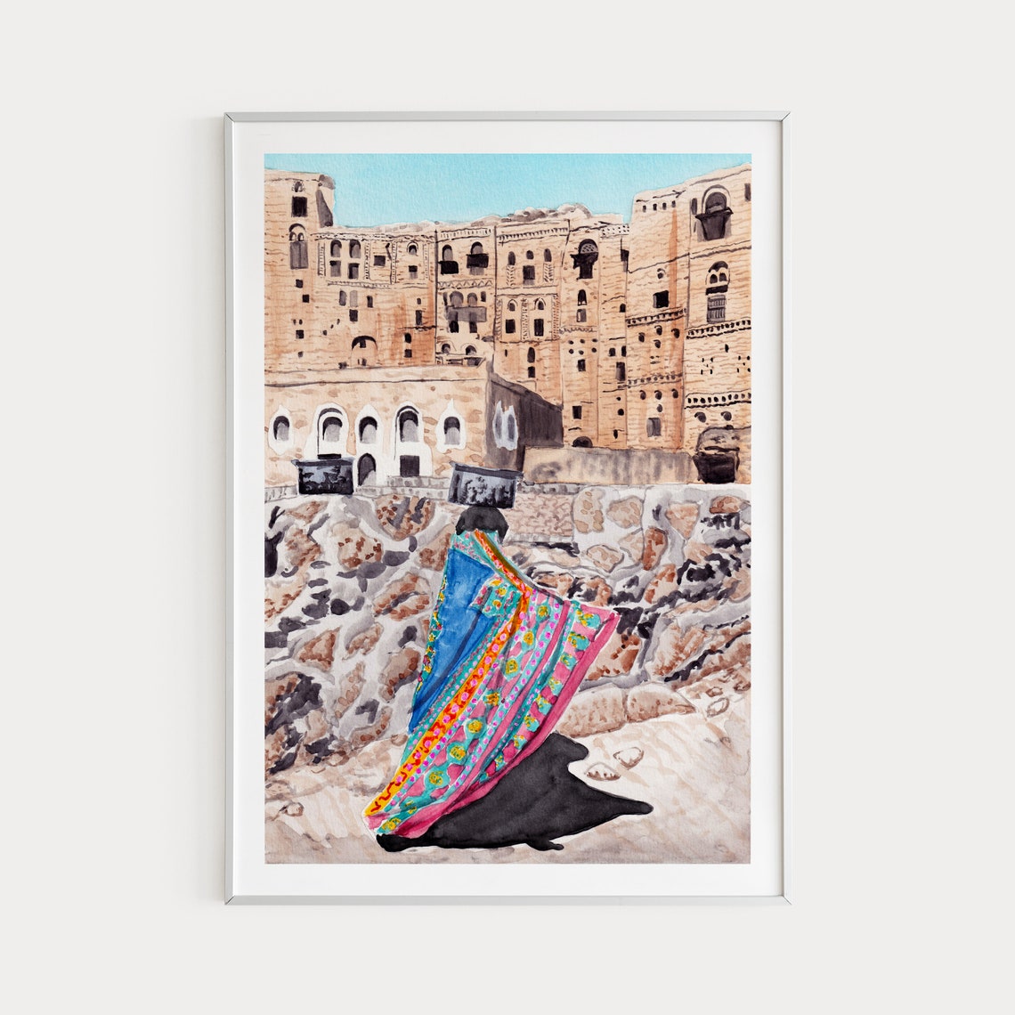 Yemen Hababa Watercolor Stone Tower Houses Colorful Shawl Poster