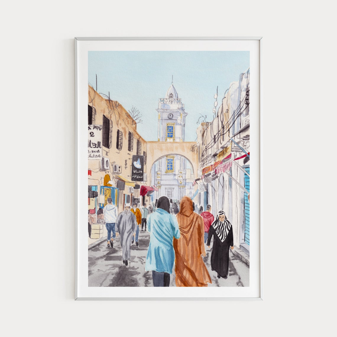 Tripoli Libya Old Town Clock Tower Street Scene Watercolor Poster