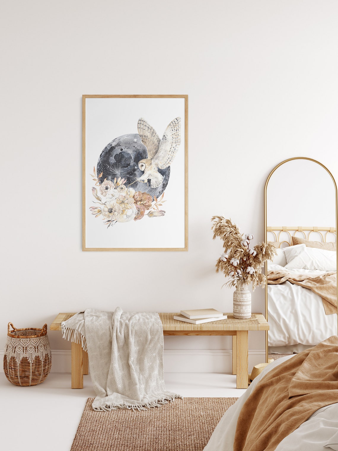 Barn Owl Flying Under Full Moon Watercolor Floral Art Poster - Image 2