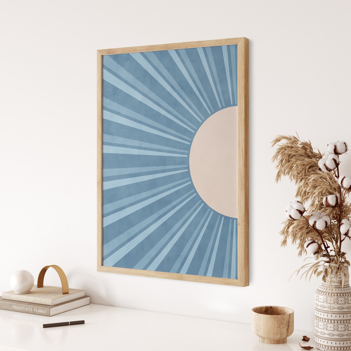 Mid Century Modern Blue Sunburst Rays With Cream Half Sun Poster - Image 3