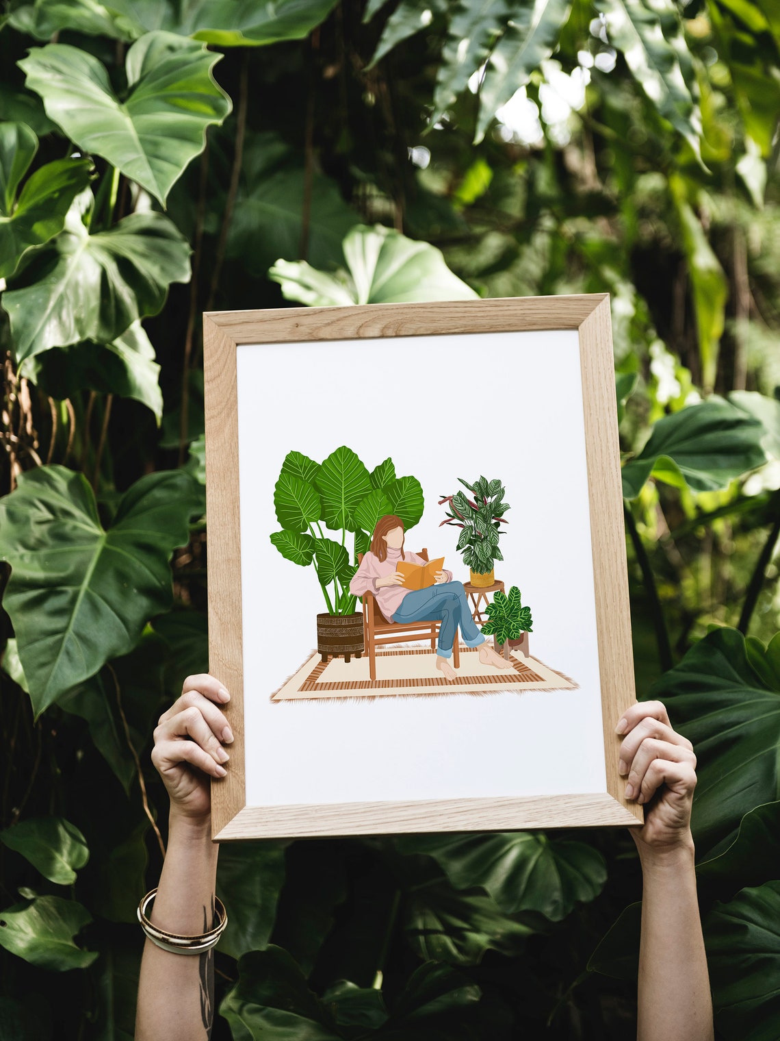 Woman Reading In Armchair Print Houseplants Bookworm Illustration