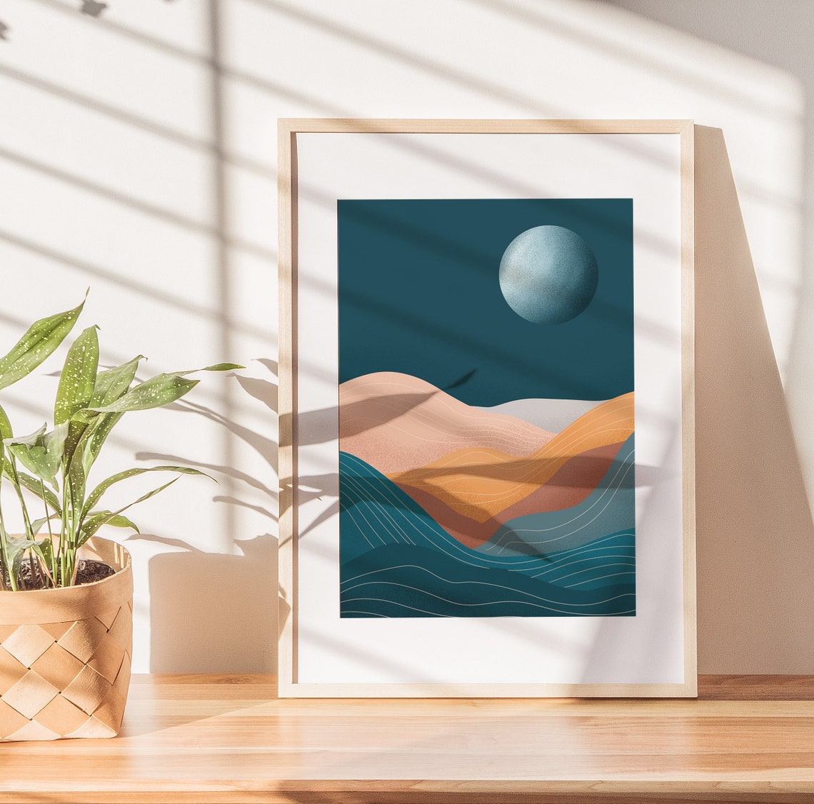 Boho Moon Landscape Print Blue Wall Art Landscape Art Print Boho Art Prints Mid Century Modern Desert Print Minimalist Print - Image 2
