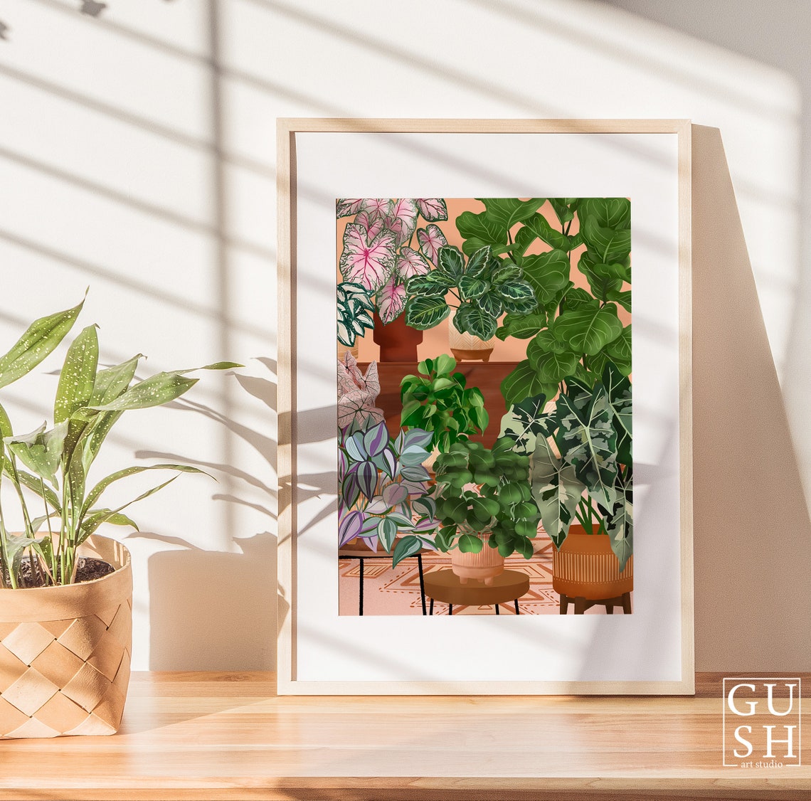 Pink Caladium and Lush Houseplants on a Cozy Plant Shelf Poster