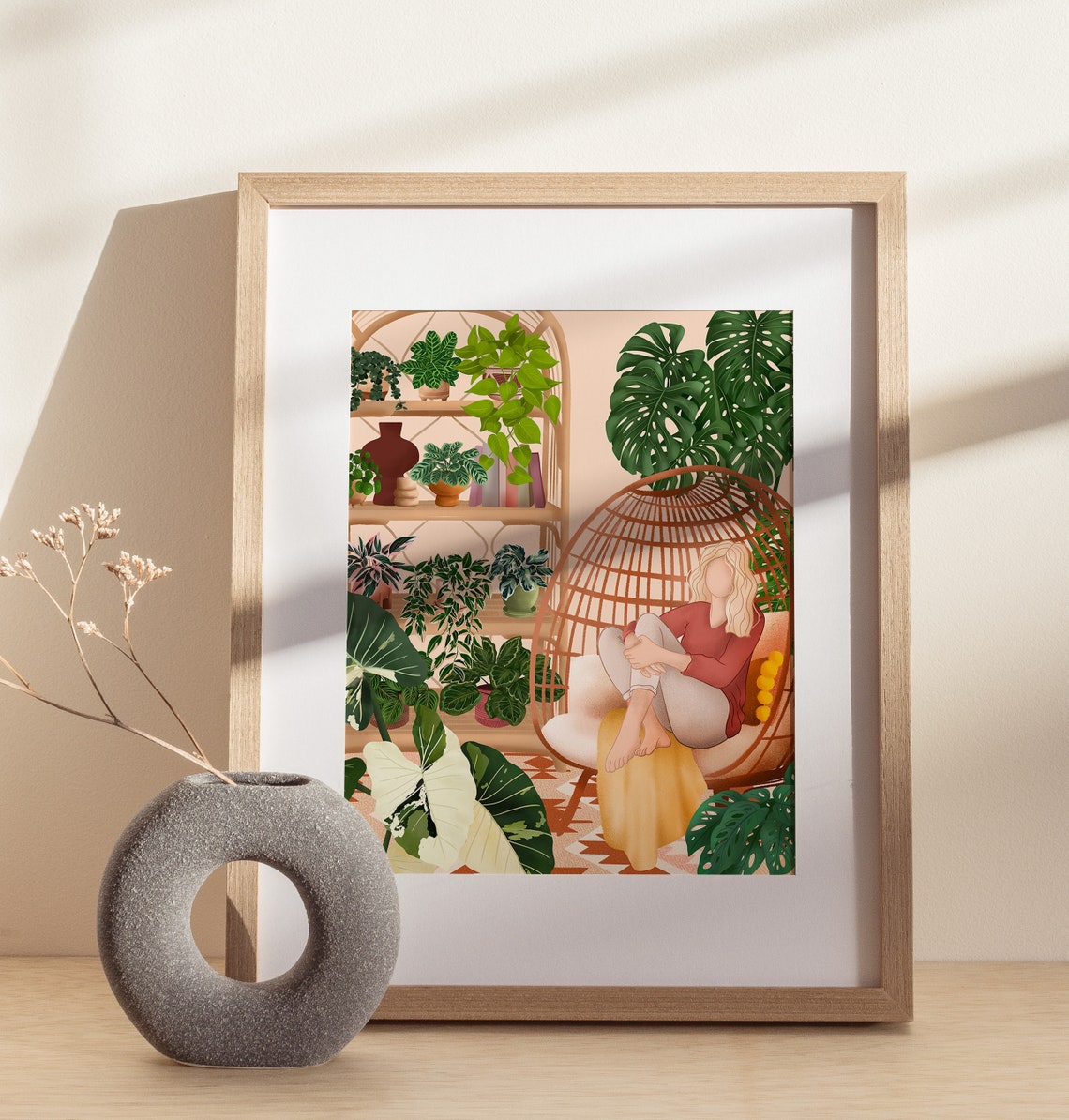 Plant Lady Relaxing in a Rattan Egg Chair Surrounded by Plants Poster - Image 2