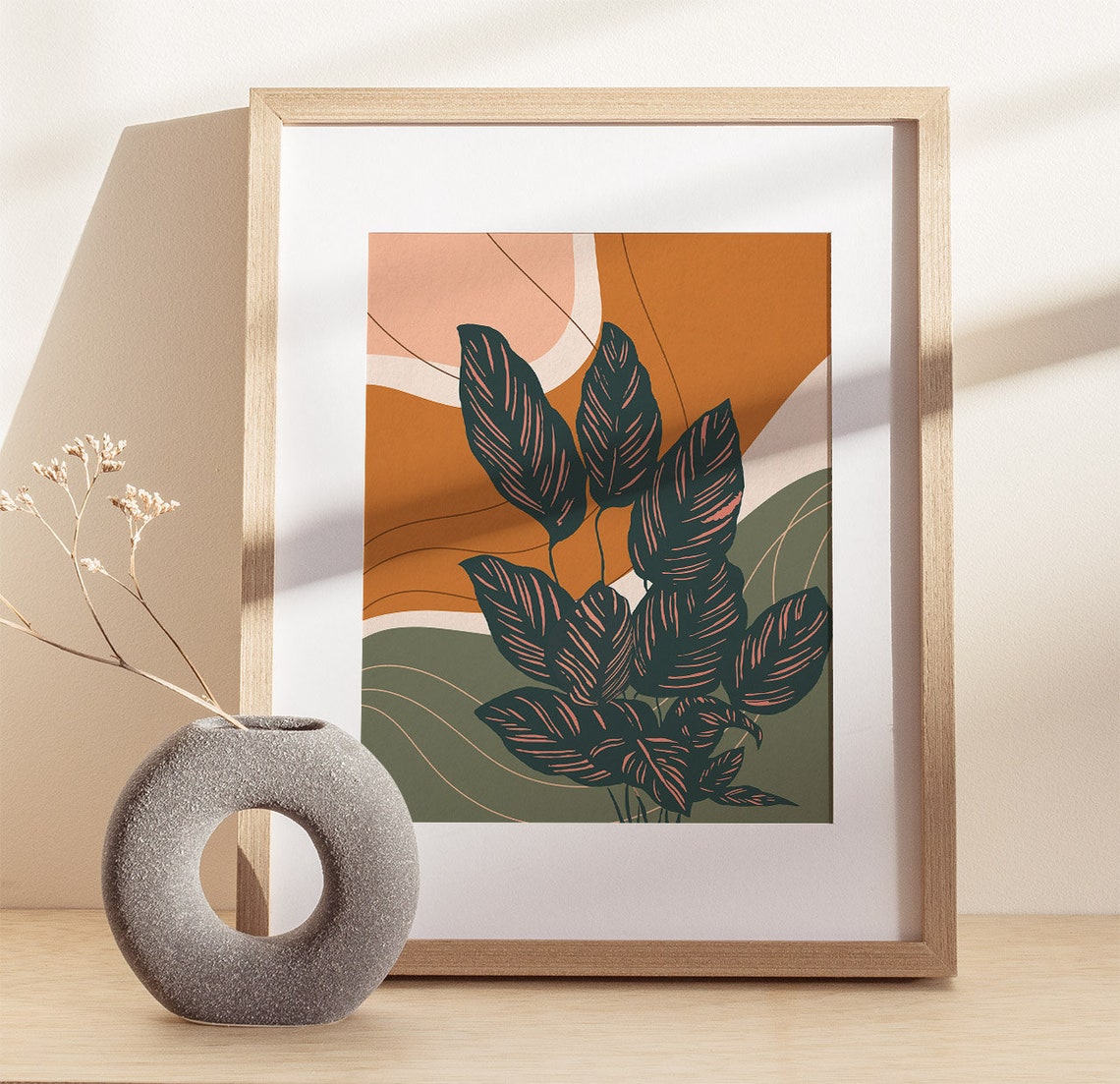 Pinstripe Calathea Leaves Terracotta Modern Abstract Style Poster - Image 3