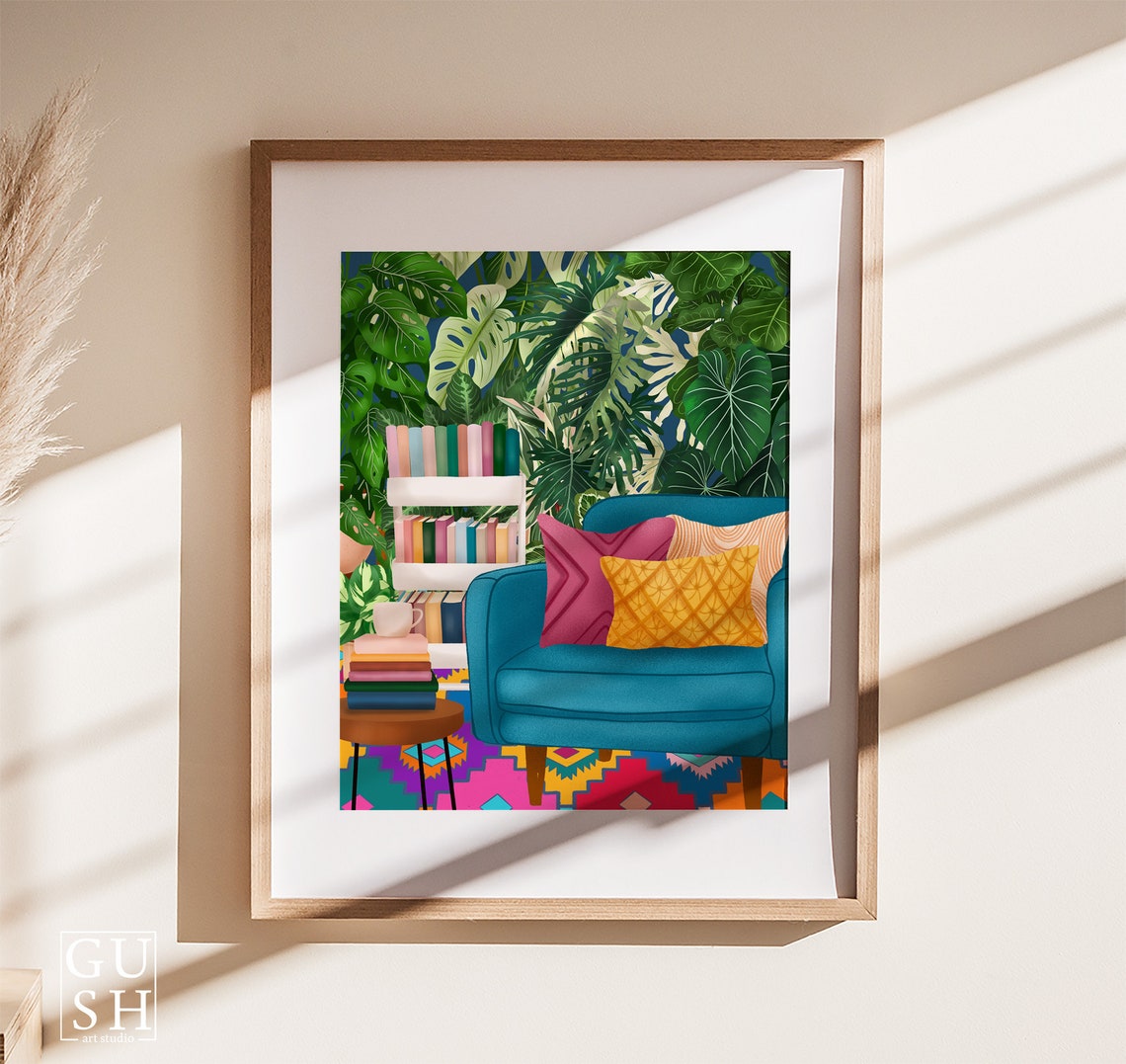 Reading Nook with Teal Armchair and Monstera Leaf Wall Poster