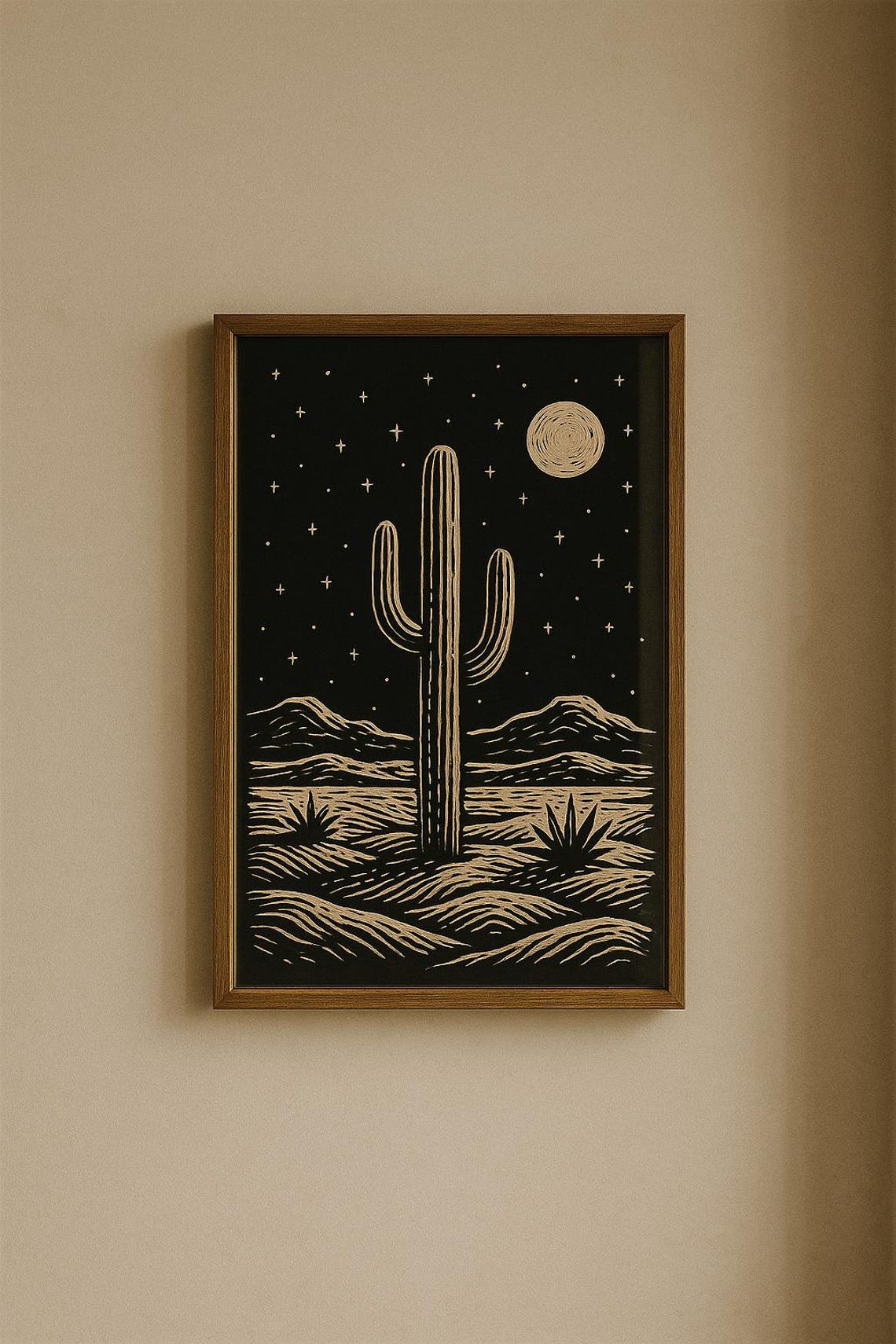 Cactus Moonlit Desert Night Linocut Style Illustration Poster