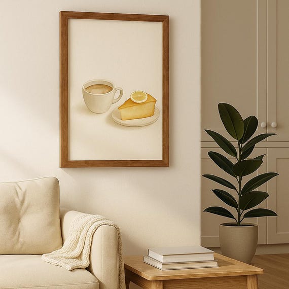 Lemon Cake Coffee Watercolor Art Print Cozy Kitchen Decor