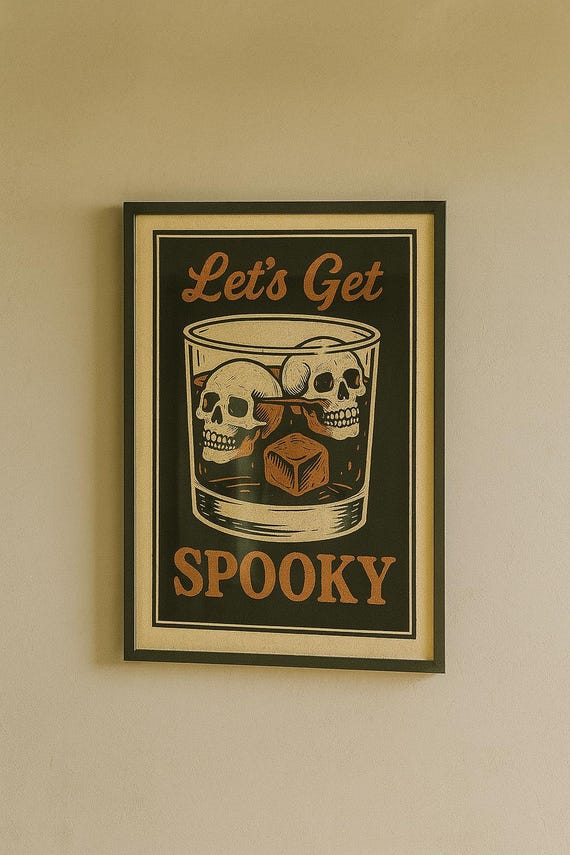 Lets Get Spooky Halloween Wall Art Vintage Skull Whiskey Poster Funny Decor