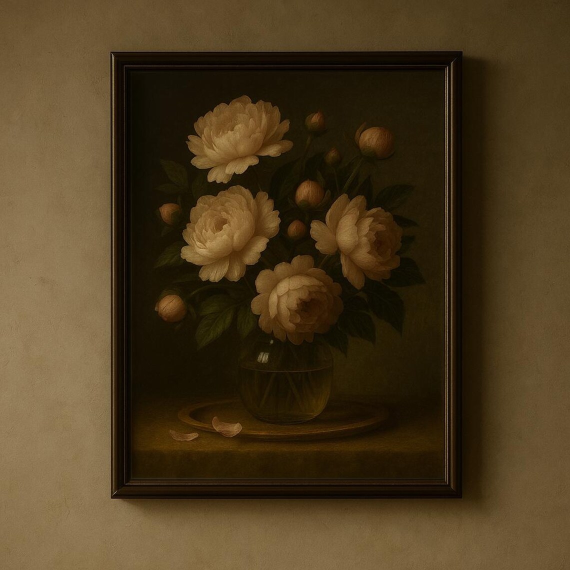 White Peony Still Life Moody Vintage Floral Oil Painting Poster