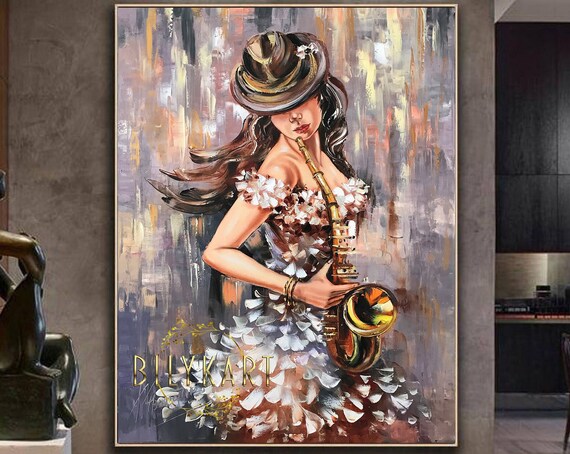Woman Playing Saxophone Hat Floral Dress Abstract Jazz Music Oil Painting Poster