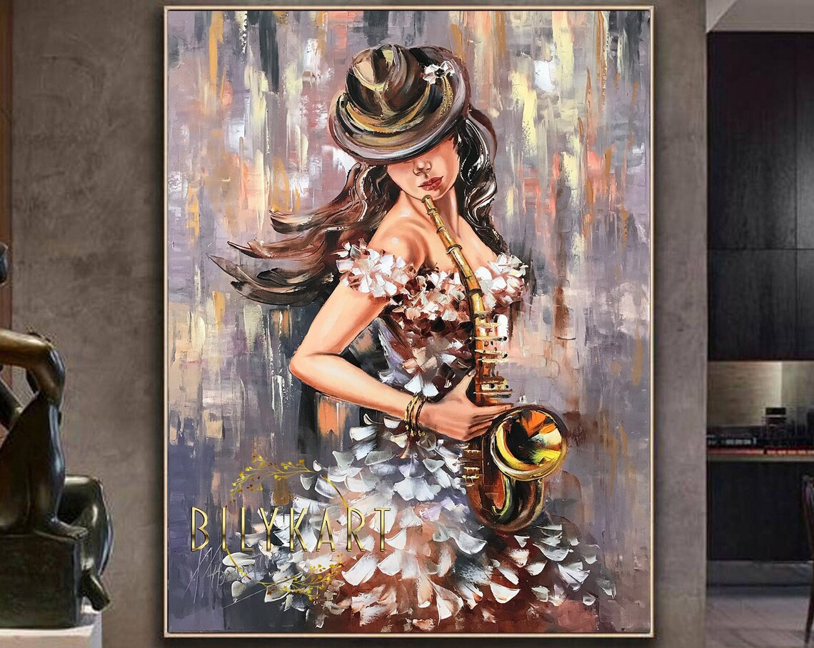 Woman Playing Saxophone Hat Floral Dress Abstract Jazz Music Oil Painting Poster