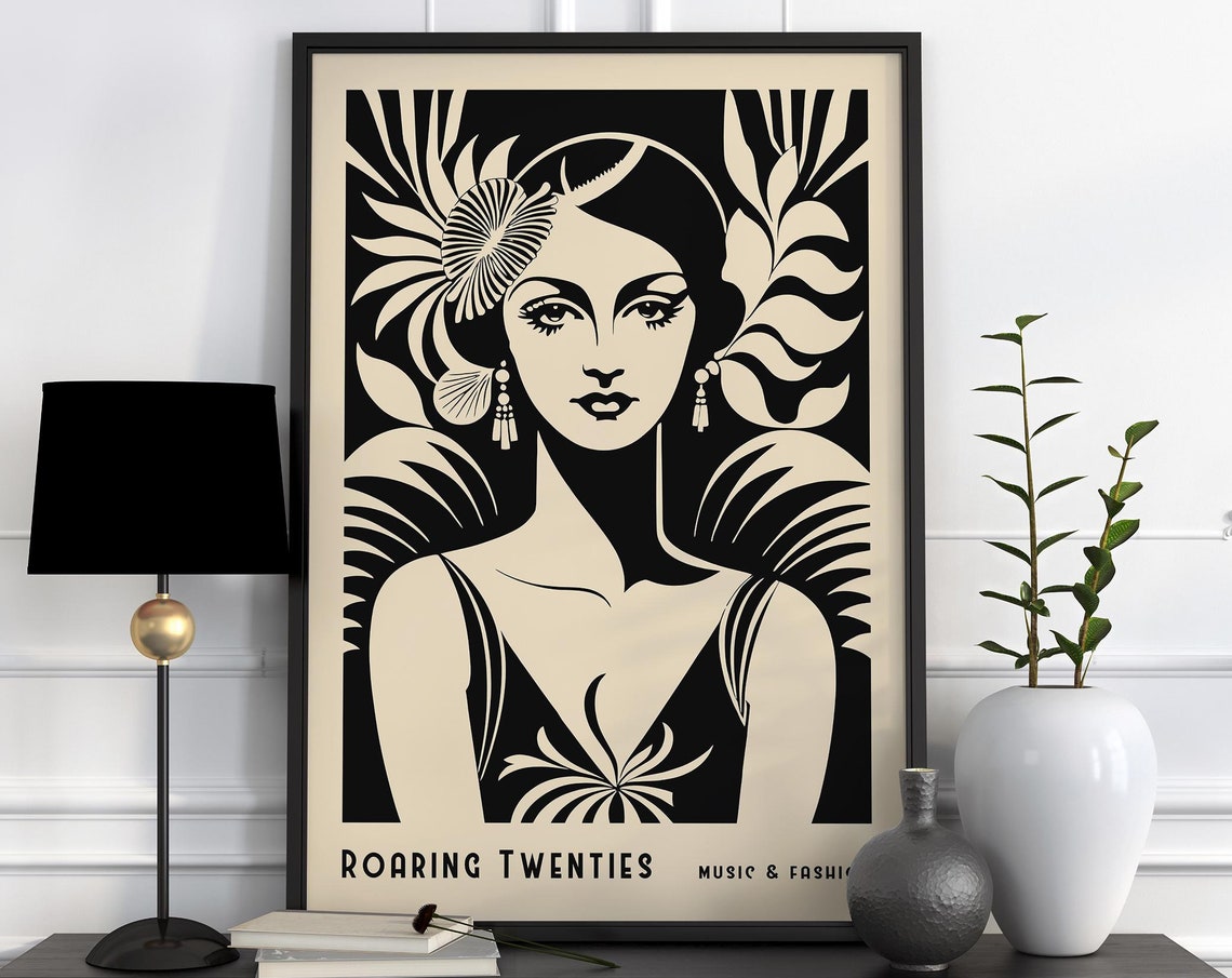 Roaring Twenties Black Beige Art Deco Woman Fashion Portrait Poster