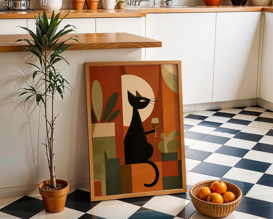 Cubist Black Cat Wine Glass Geometric Midcentury Modern Art Print