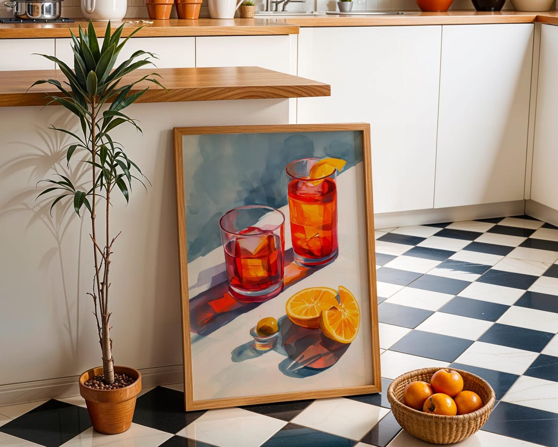 Negroni Cocktail Painterly Bar Art Two Glasses Orange Slice Poster