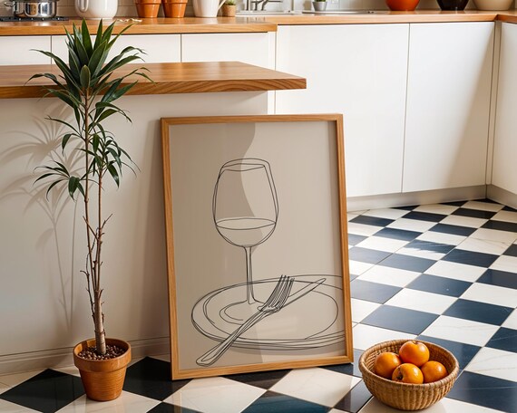 Minimalist Line Art Wine Glass Plate Fork Knife Modern Kitchen Dining Poster