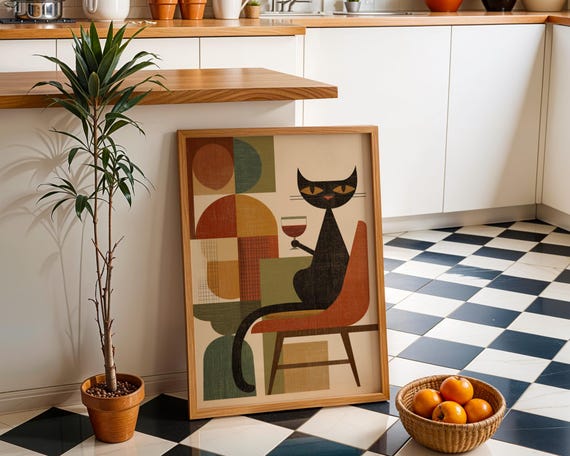 Cubist Cat Art Print Geometric Midcentury Modern Wall Abstract With Wine Poster Retro Animal Illustration Sophisticated