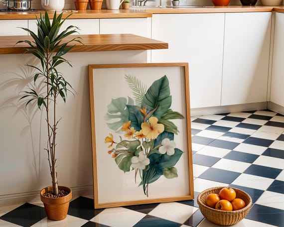 Watercolor Tropical Botanical Print Lush Green Leaves Exotic Flowers Wall Art Jungle Plant Poster Nature Boho Home Dcor
