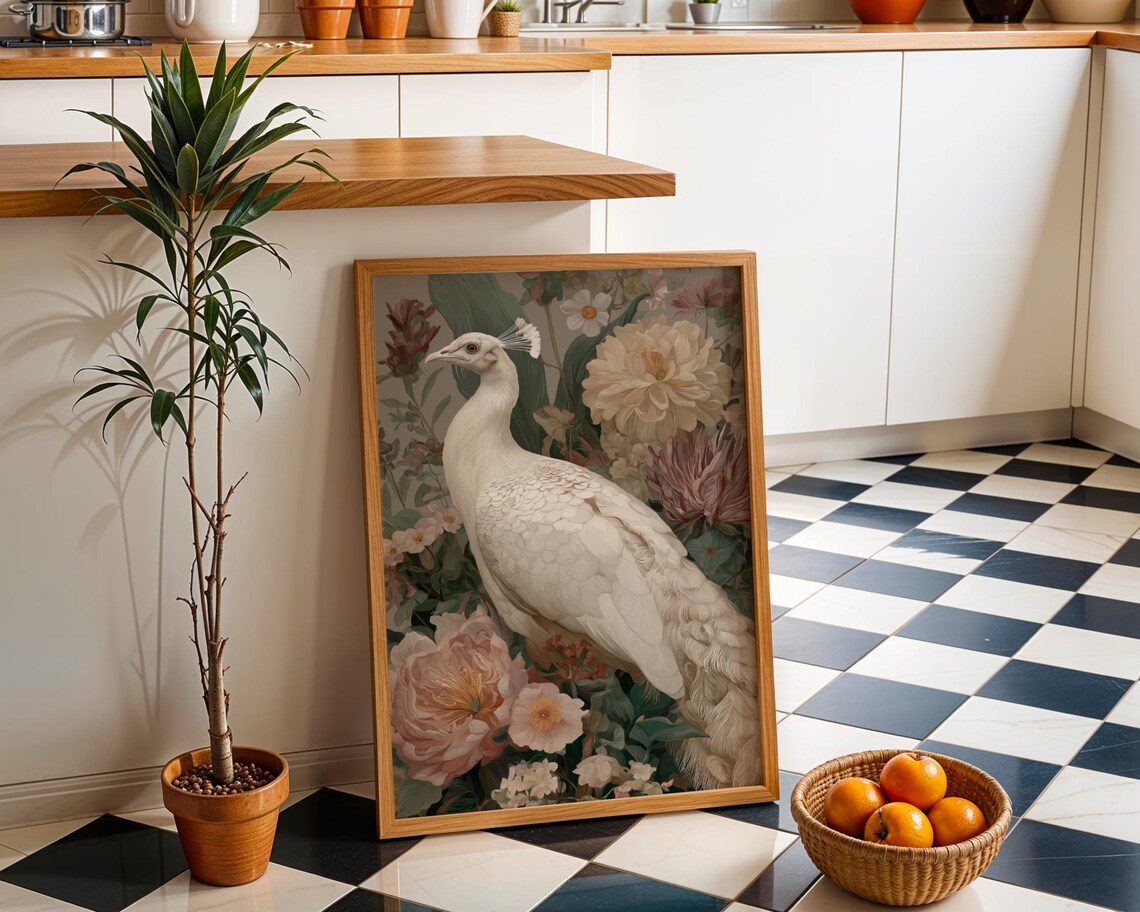 White Peacock Wall Art Neutral Boho Bird Print Elegant Nature Illustration Minimalist Botanical Dcor Modern Living Room Artwork