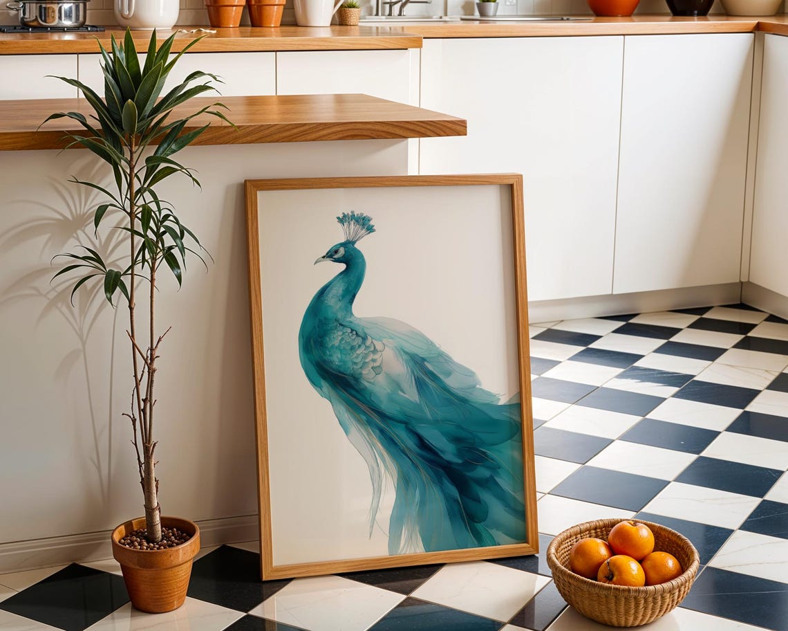 Watercolour Peacock Wall Art Teal Blue Bird Print Elegant Minimalist Animal Artwork Modern Nature Dcor Boho Luxury Poster