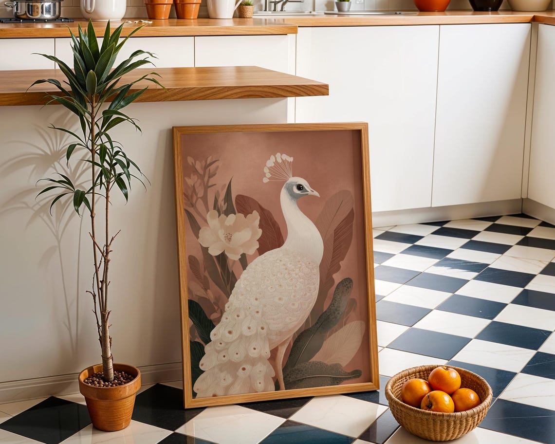 White Peacock Elegant Terracotta Bloom Botanical Bird Wall Art