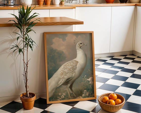 White Peacock Wall Art Neutral Boho Bird Print Elegant Nature Illustration Minimalist Botanical Dcor Modern Living Room Artwork