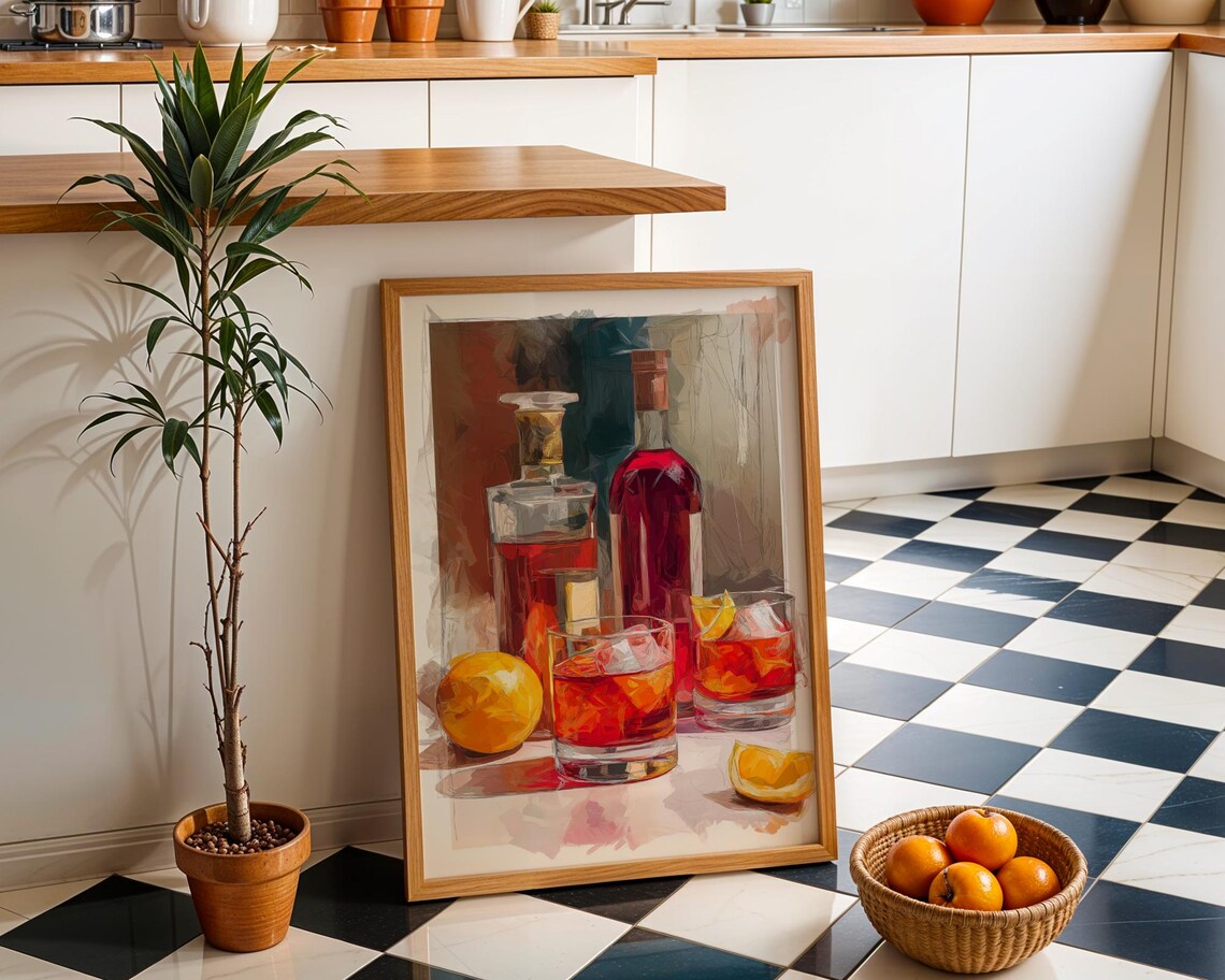 Negroni Cocktail Still Life Decanter Orange Watercolor Bar Art Poster