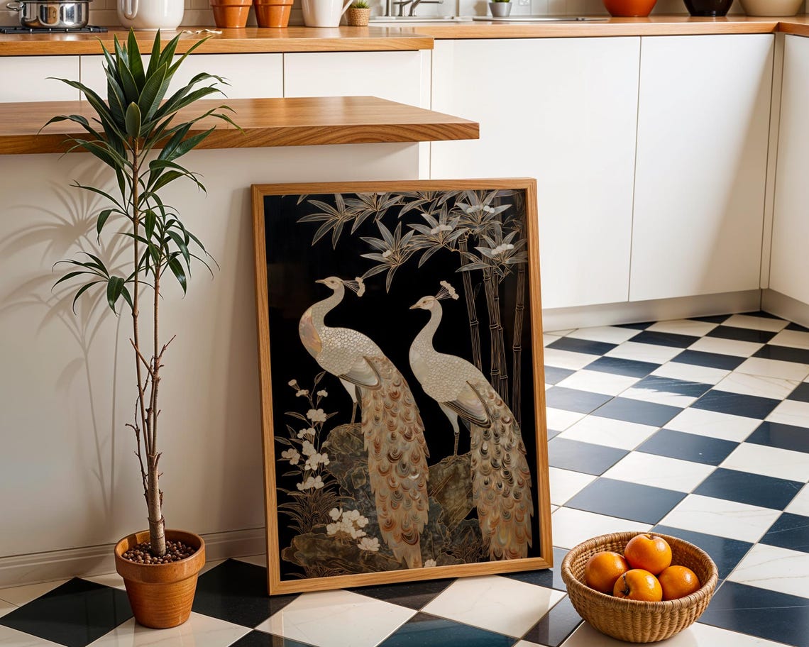 White Peacocks Bamboo Black Background Oriental Bird Art Poster
