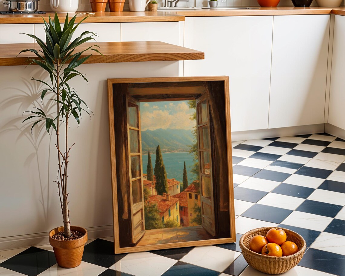 Italian Lakeside Village Through Open Window Painting Poster
