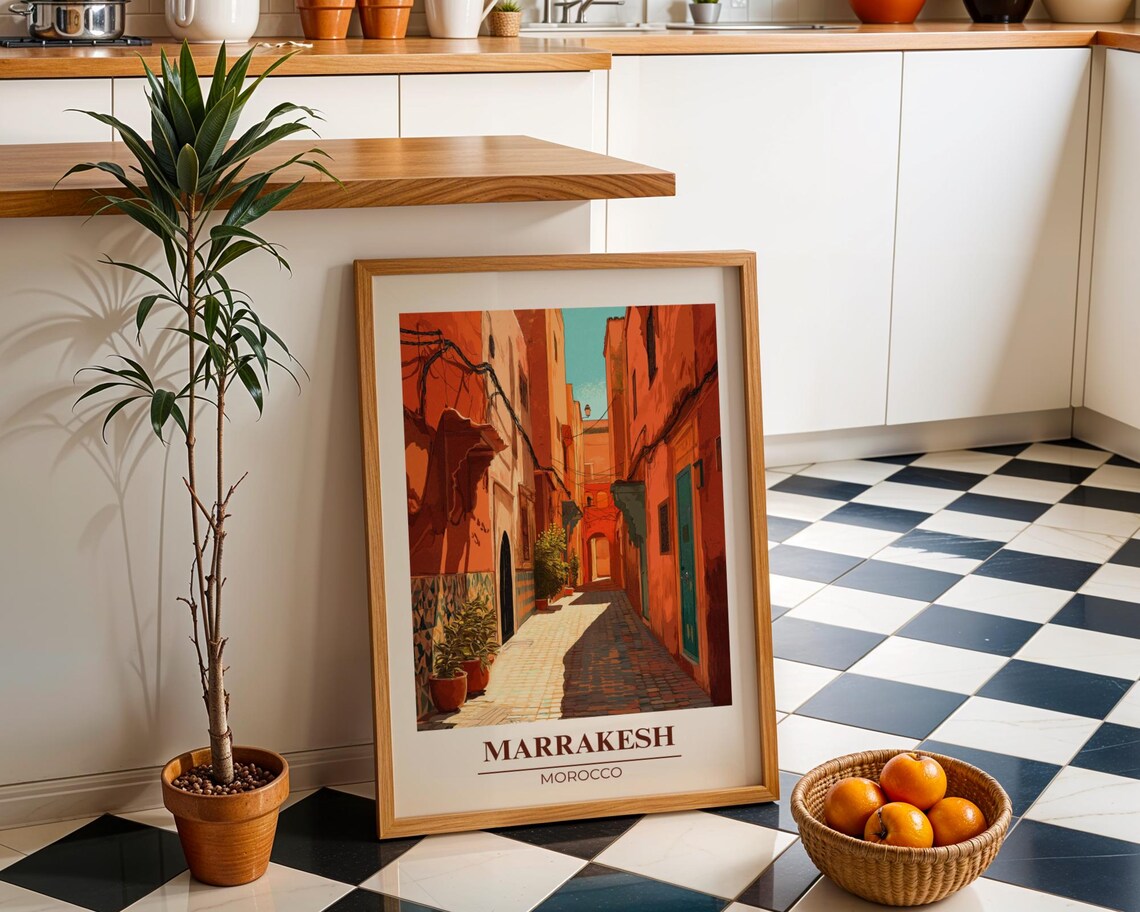 Marrakesh Morocco Old Town Alley Terracotta Travel Poster Art