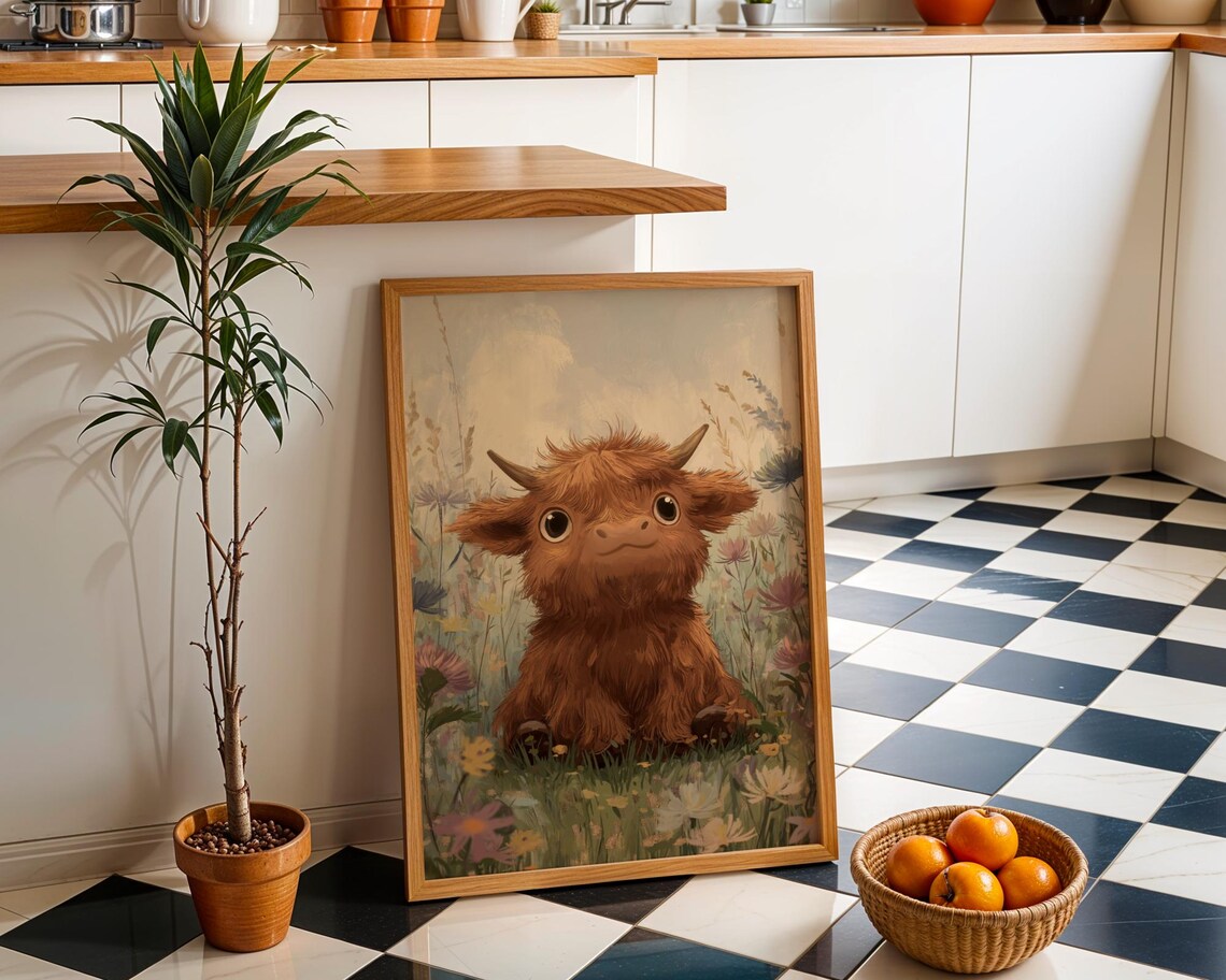 Sweet Cute Highland Cow Calf in Wildflower Meadow Kids Art Poster