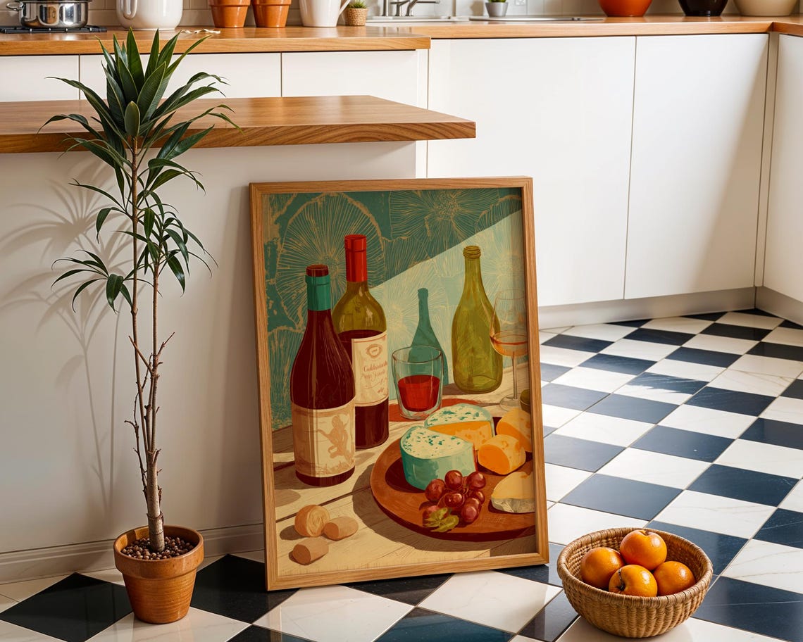 Wine Bottles And Cheese Board Still Life Kitchen Wall Decor Poster