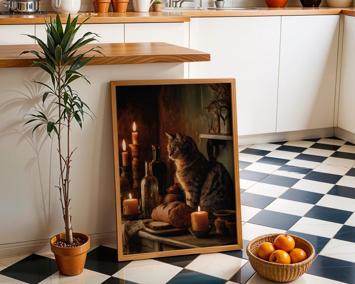 Baroque Tabby Cat By Candlelight Still Life Bread Bottle Art Poster