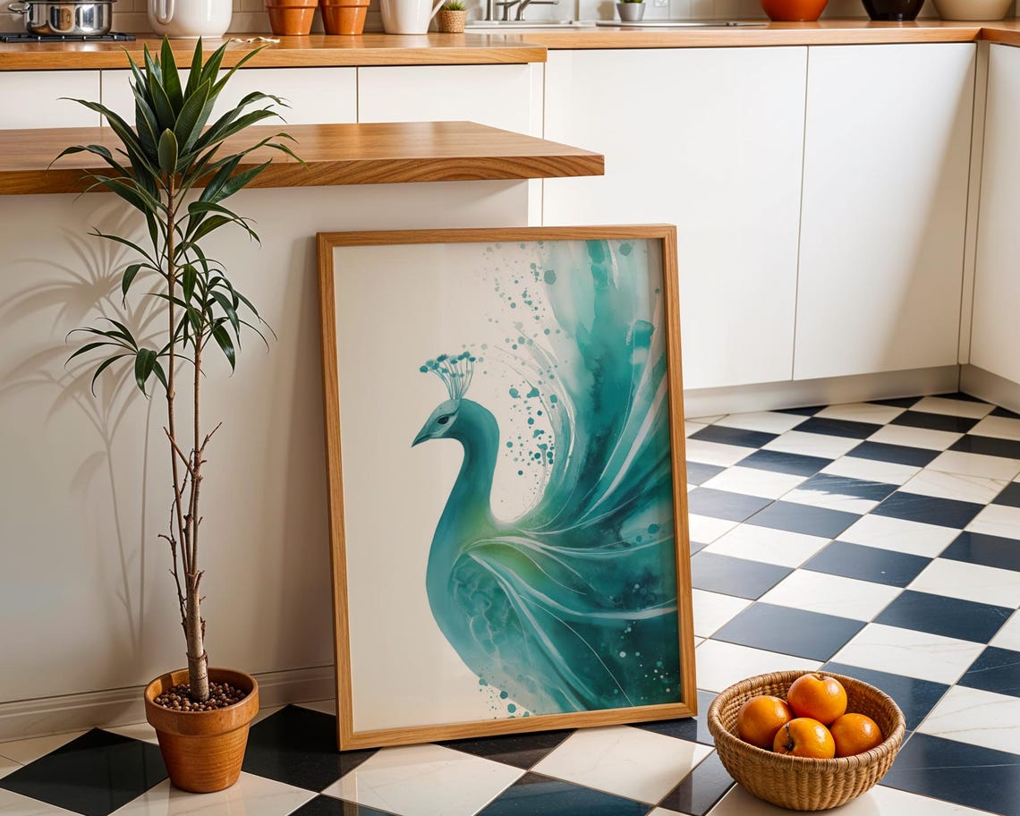 Turquoise Watercolor Peacock Minimalist Modern Bird Wall Art