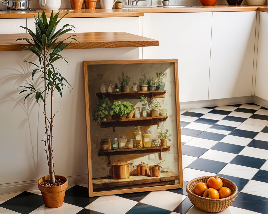 Rustic Kitchen Wooden Shelves Herb Pots Jars Farmhouse Still Life Poster
