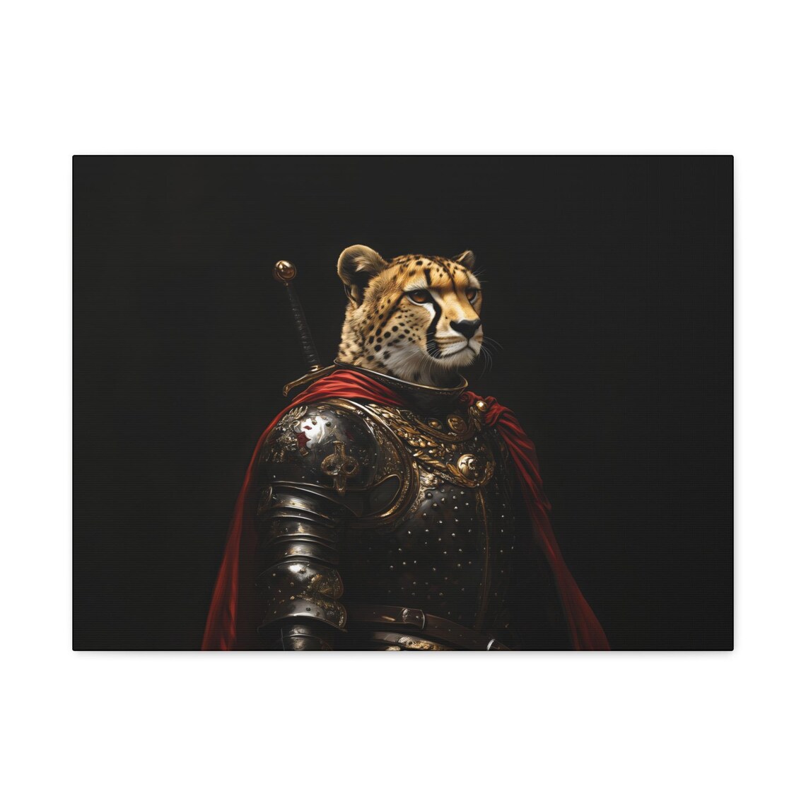 Cheetah Knight In Ornate Black Armor And Red Cape Medieval Portrait Poster - Image 3