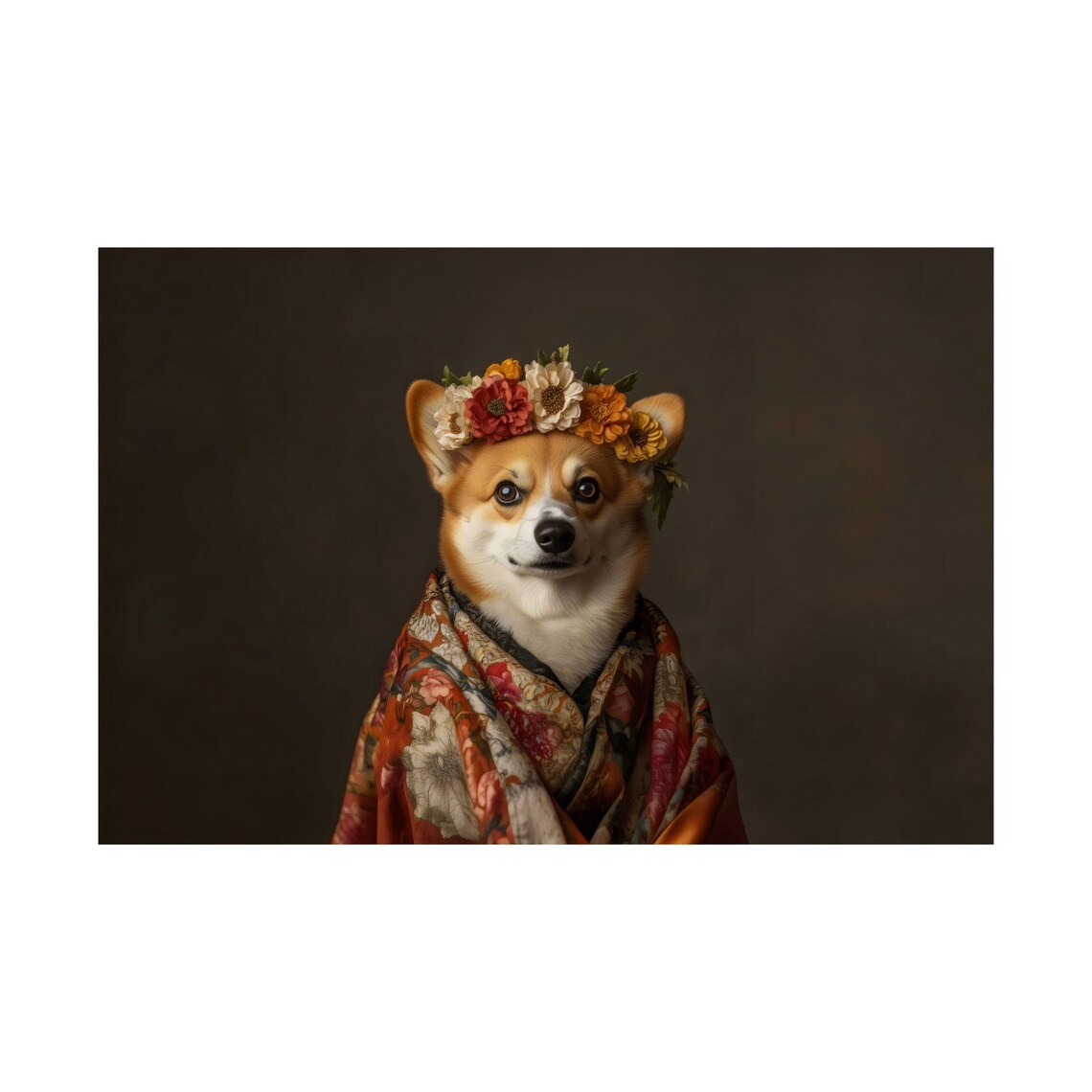 Happy Corgi Orange Kimono Flower Crown Dog Portrait Wall Art - Image 2