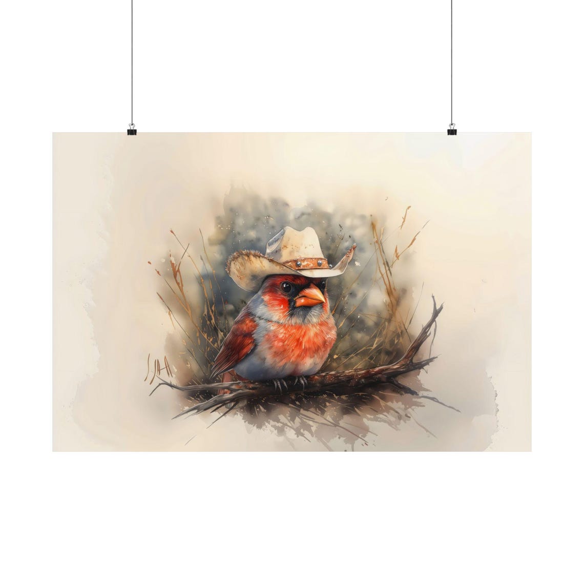 Red Cardinal Cowboy Hat Watercolor Branch Wildlife Songbird Poster - Image 3