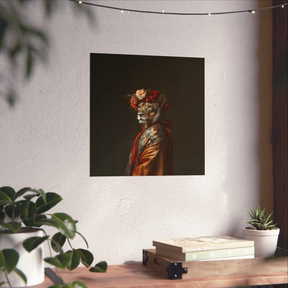 Maximalist Eclectic Lioness Fashionista Poster Print Bold Altered Animal Portrait Fantasy Fun Colorful Flowery Rustic Vintage Floral Art