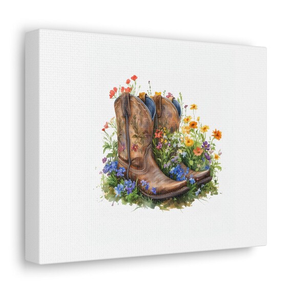 Vintage Brown Cowboy Boots Wildflowers Spring Watercolor Poster