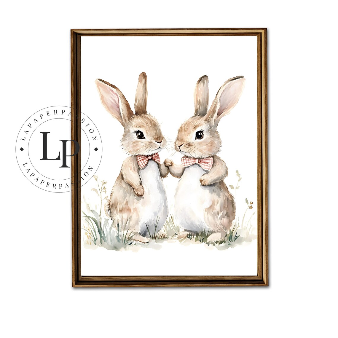 Cute Pair of Watercolor Bunnies with Red Bow Ties Nursery Poster