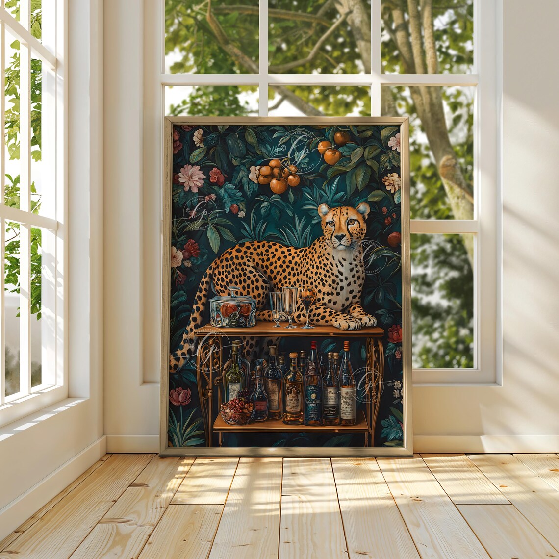 Leopard Lounging on Bar Cart Jungle Botanical Maximalist Animal Poster - Image 5