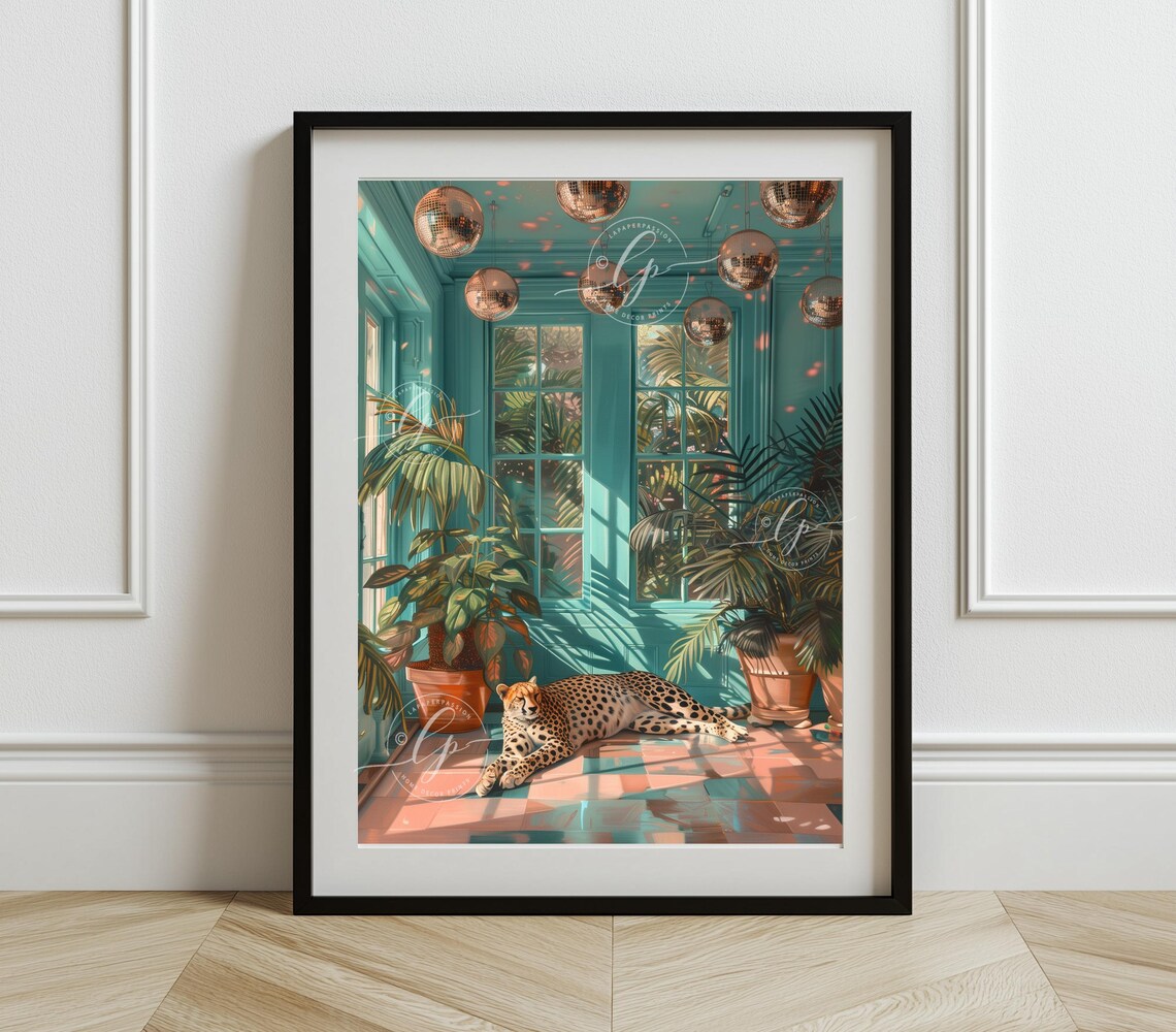 Cheetah Lounging Teal Sunroom Hanging Disco Balls Palm Wall Art - Image 4