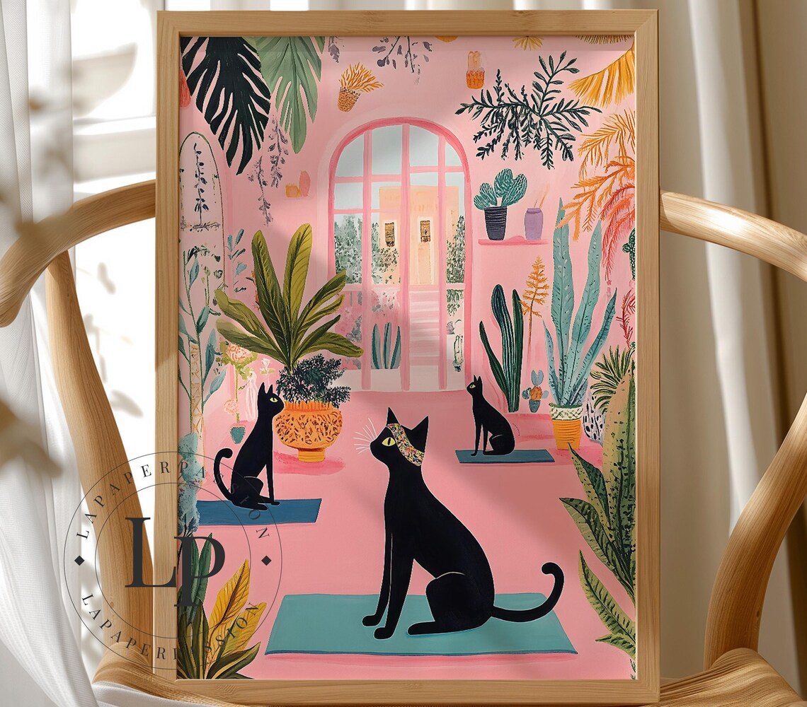 Black Cats Doing Yoga Pink Botanical Room Funny Yoga Cats Poster - Image 2